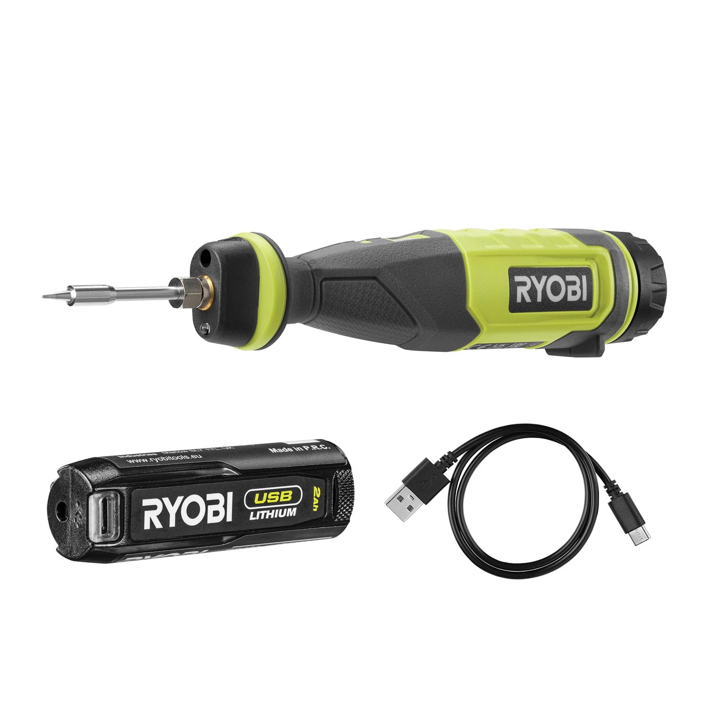 Ryobi RSI4-120G, Saldatore a Batteria Ricaricabile con USB-C, Temperatura Fino a 460 °C, Luce LED, Impugnatura Ergonomica, per Progetti di Hobbistica, 1 Batteria da 2,0Ah Inclusa