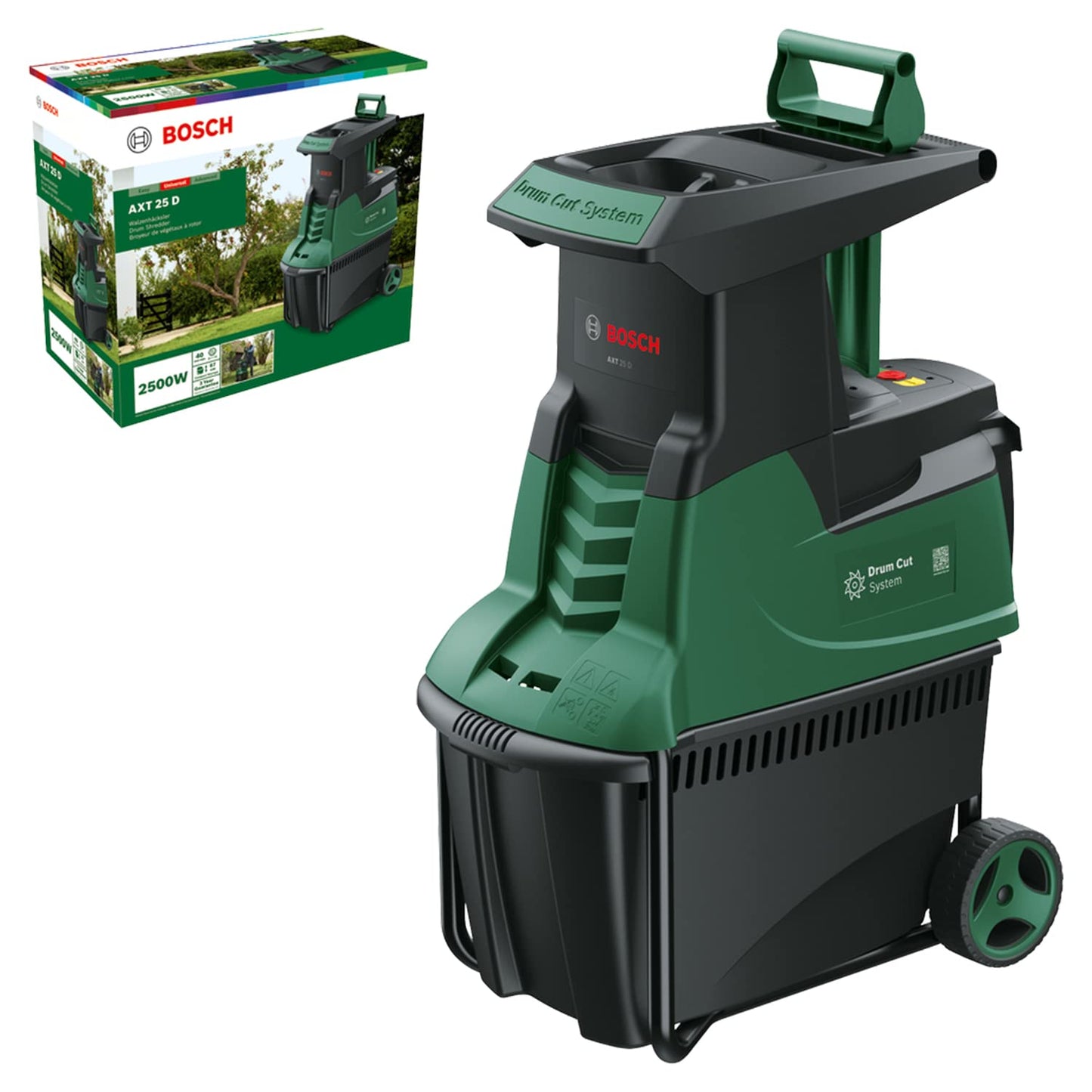 Bosch Home and Garden Biotrituratore silenzioso AXT 25 D (2500 W; idoneo per legno resistente e arbusti spinosi; cesto di raccolta integrato da 53 l; in confezione cartone)