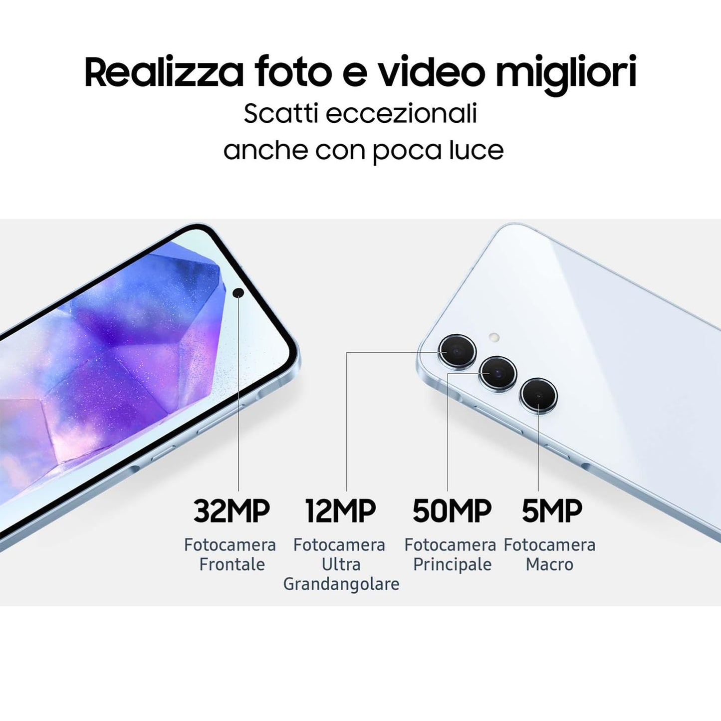 Samsung Galaxy A55 5G, Caricatore incluso, Smartphone Android 14, Display FHD+ Super AMOLED 6.6”, 8GB RAM e 128GB di memoria interna espandibile, Batteria 5.000 mAh, Awesome Navy [Versione Italiana]