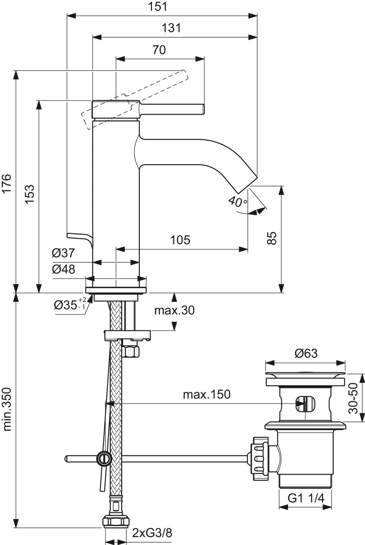 Ideal Standard BD846AA Ceraline Nuovo - Rubinetto per lavabo con scarico, con beccuccio, per lavabo, colore: Cromo