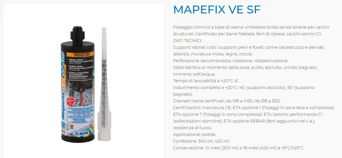 Mapefix VE SF da 300 ml - Fissaggio chimico a base di resina vinilestere ibrida senza stirene per carichi strutturali. Certificato per barre filettate, ferri di ripresa, carichi sismici C1.