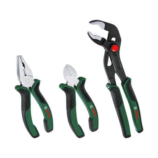 Bosch Set di pinze da 3 pezzi Premium, Pinze Universali Durevoli, Precise, Tronchese Diagonale e Pinza A Pappagallo, Rivestimento Softgrip Ergonomico, Superficie Placcata in Nichel, Edizione Amazon