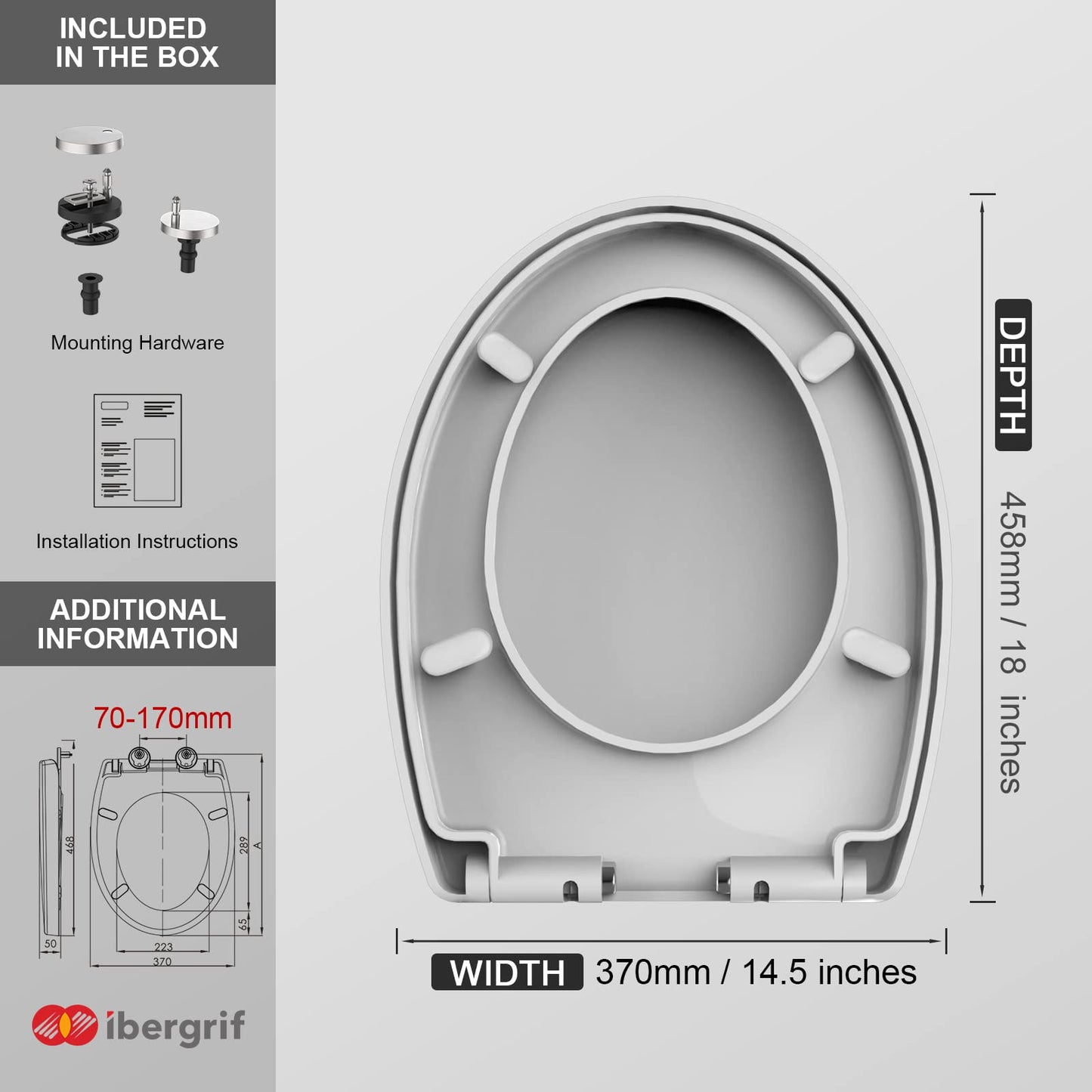 Ibergrif M41002 Sedile WC, Copriwater Universali O Forma,Tavoletta WC Chiusura Ammortizzata, Rapido Montaggio,Plastica Antibatterico Facile da Pulire, Bianco(458 x 370 x 50 mm)