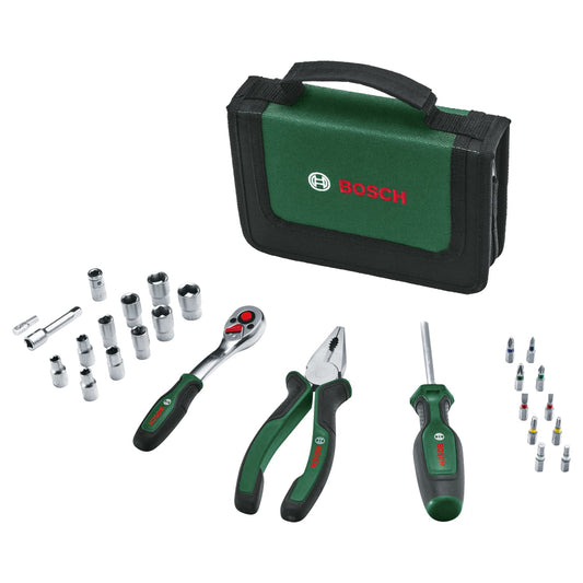 Bosch Set di Utensili Manuali da 26 Pezzi, Kit Compatto e Portatile per Progetti Fai-Da-Te, Ottimo da Trasportare, Cricchetto da 1/4", Pinze Combinate, Cacciavite Universale, in Borsa in Tessuto