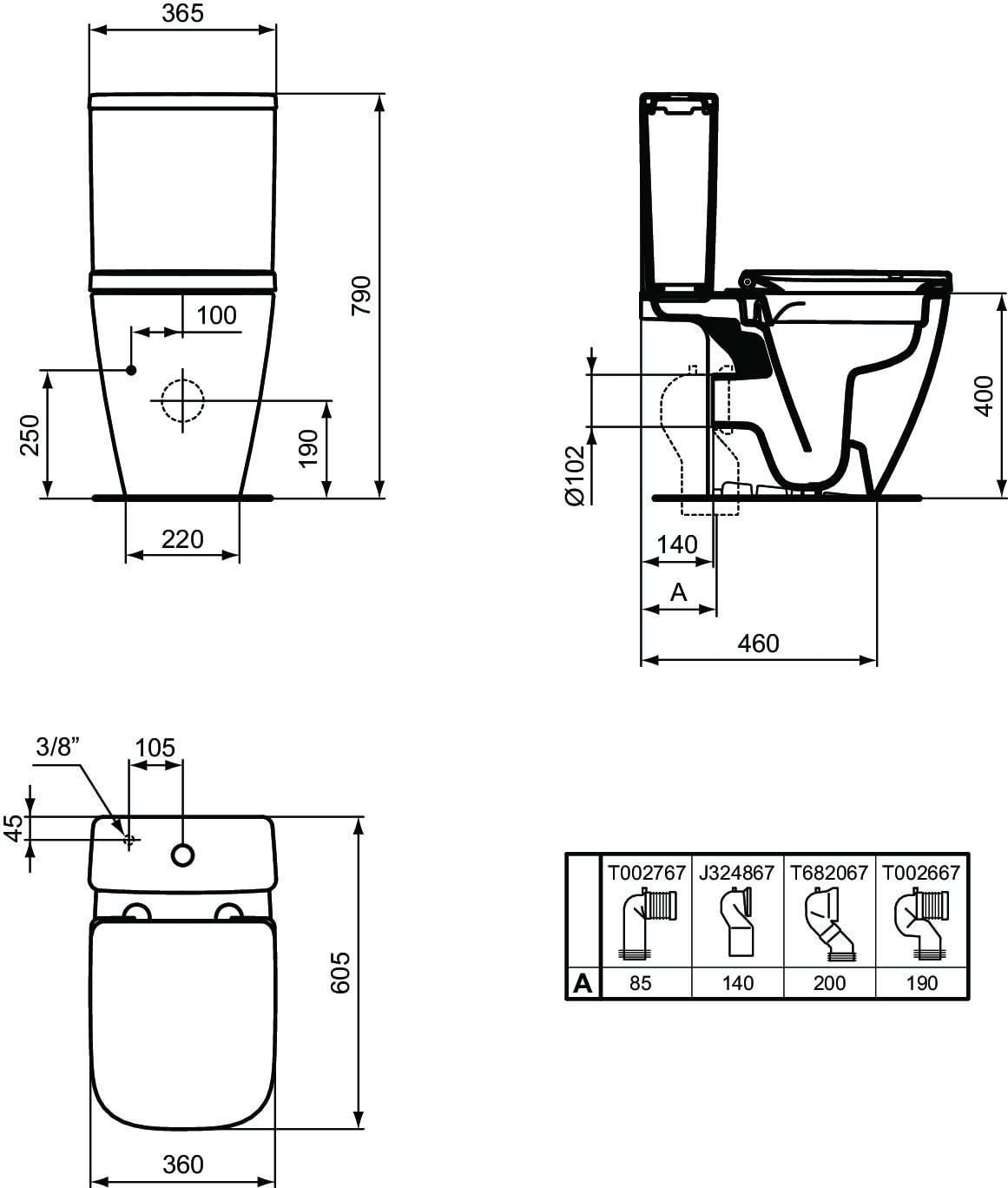 Ideal Standard - i.life S Cassetta entrata bassa completa di batteria double flush (4,5/3 litri). Da abbinare al vaso T459601 da ordinare separatamente. Bianco