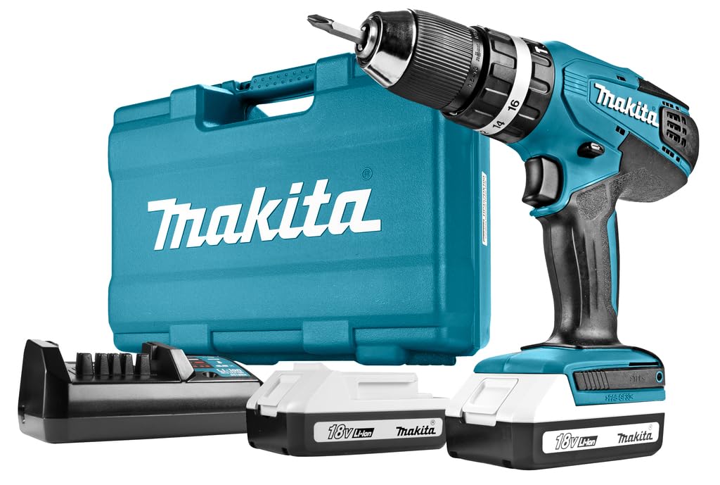 Makita Hp457Dwe10 Trapano Avvitatore con Percussionne 2X18 V 1,3Ah Li, 74 Accessori e Valigetta, Blu