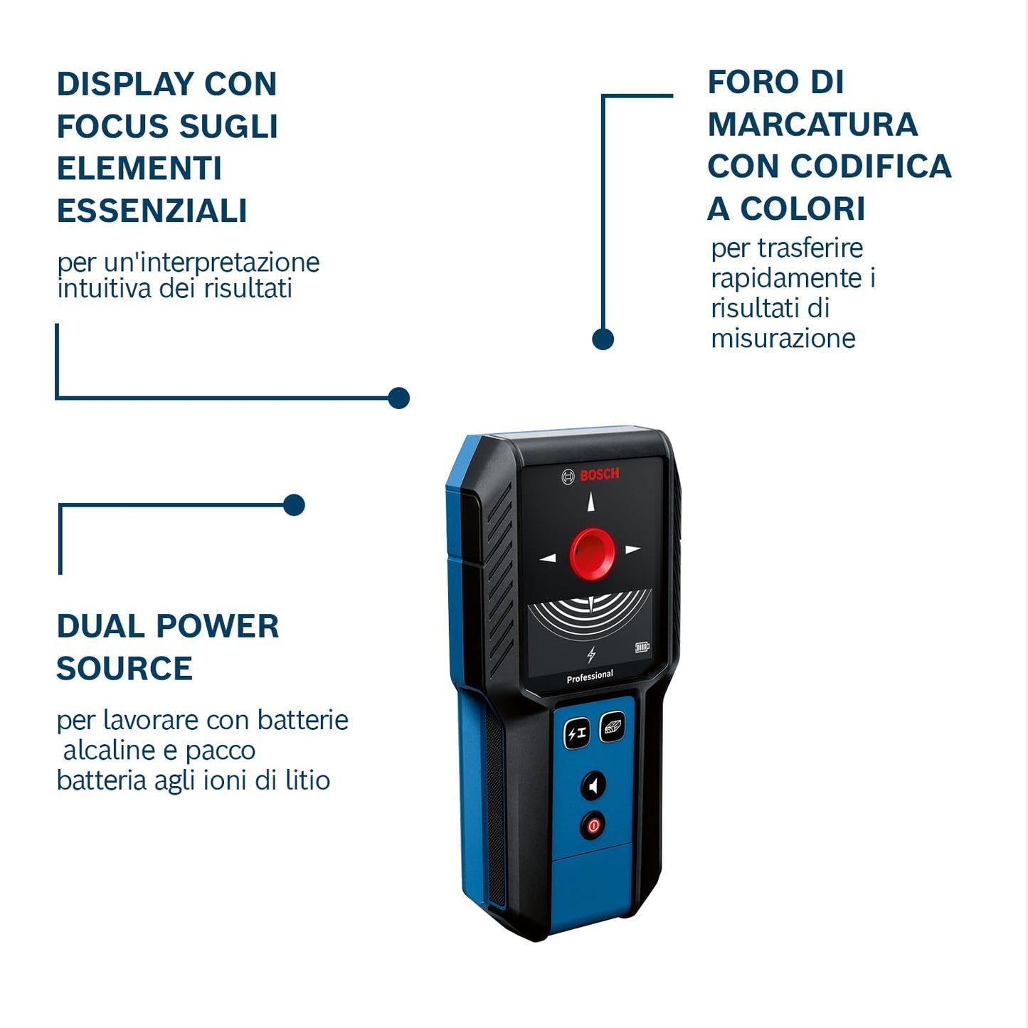 Bosch Professional Wallscanner GMS 120-27 (cavo USB-C, profondità di rilevazione max. metallo non magnetico/metallo magnetico/cavo sotto tensione/legno: 120/100/50/30 mm, 2 batterie AA, custodia)