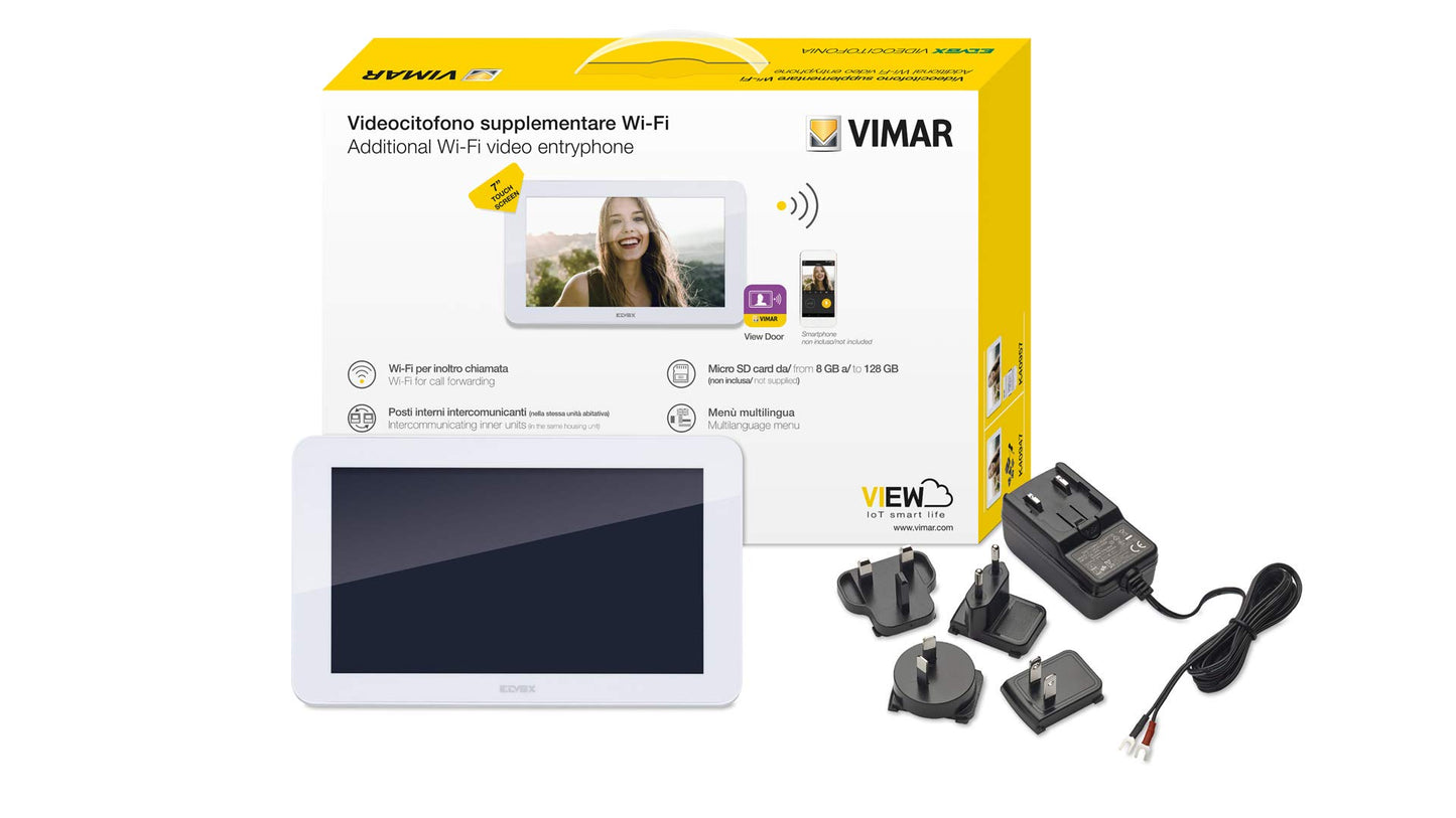 Vimar K40947 Monitor Touch Screen Vivavoce Wi-Fi per Kit Videocitofono Smart, Alimentatore con Spine Intercambiabili Standard Europeo, British, Americano ed Australiano, Bianco