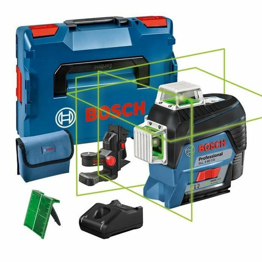 Bosch Professional 12V System Livella Laser GLL 3-80 CG (1 batteria 12V + Caricabatteria, laser verde, da interno, con app, raggio d’azione: fino a 30 m, Supporto universale BM 1, L-BOXX)