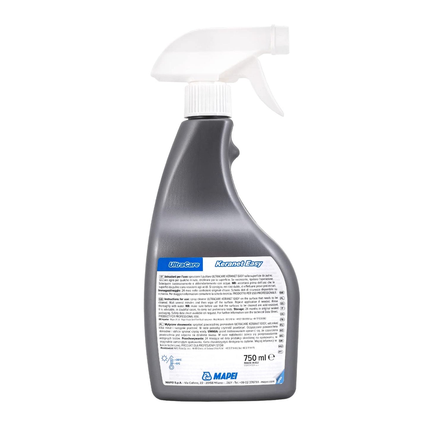 Mapei Ceranetto ultra leggero da 750 ml. Spray detergente acido pronto all'uso, adatto per la rimozione dello sporco cementizio subito dopo la stuccatura.