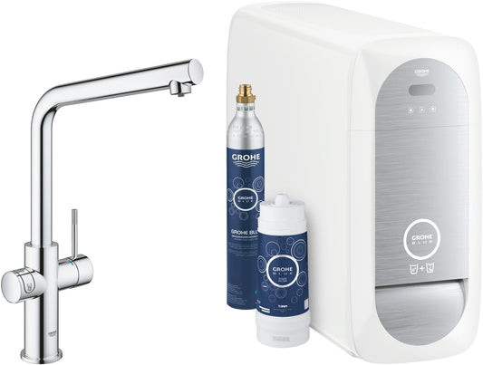 GROHE Blue Home miscelatore monocomando per lavello con sistema filtrante dell'acqua, Bocca L, Filtro acqua incluso, cromo, 31454001