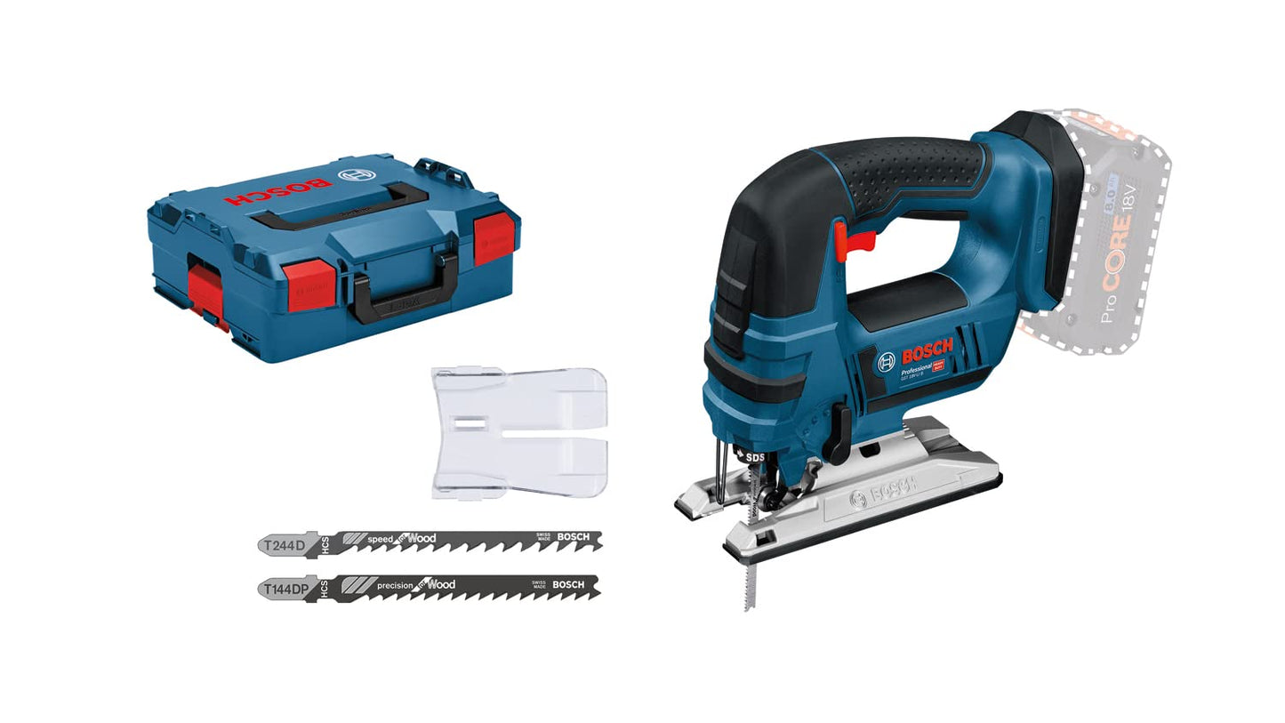 Bosch Professional 06015A6101 Seghetto Alternativo, Profondità: Legno/Alluminio/Metallo: 120/20/8 mm, 3 Lame, Protezione, Senza Batterie, in L-Boxx, 0 W, 18 V, Blu, Versione con Staffa