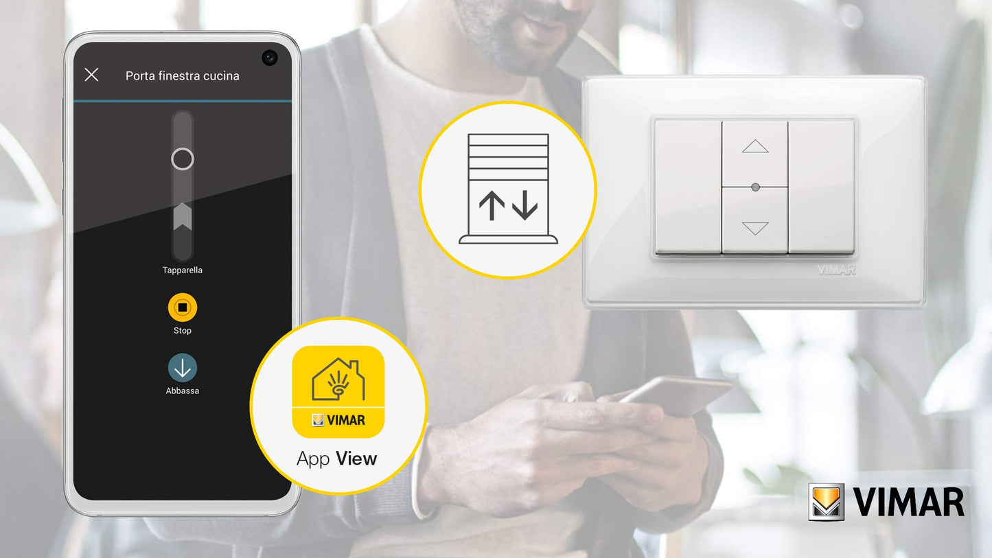 Vimar 14594 Plana Comando connesso VIEW Wireless con uscita a relè, per tapparella con lamelle orientabili e controllo da remoto, doppia tecnologia Bluetooth 5.0 e Zigbee 3.0 (WIT)