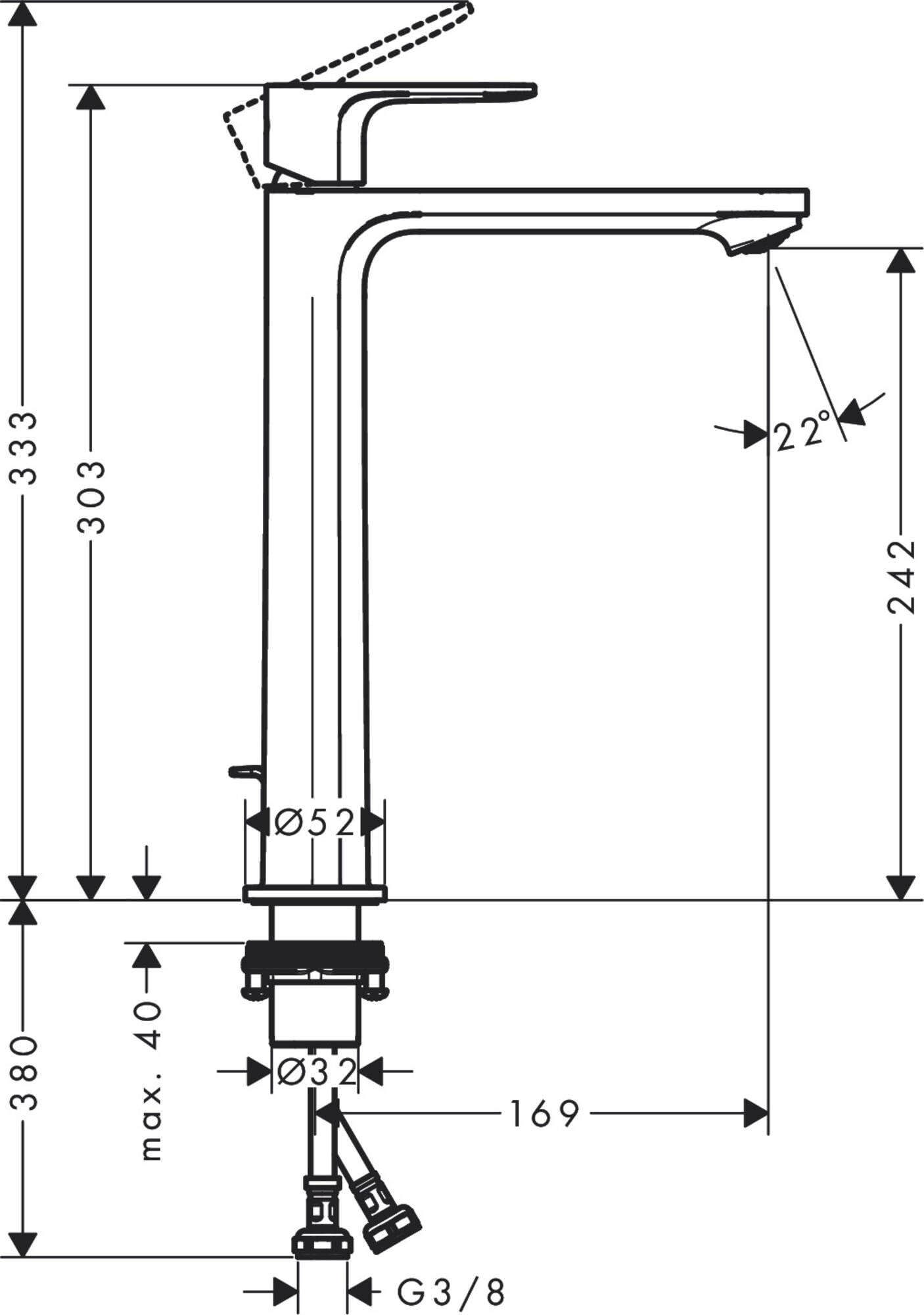 hansgrohe Rebris E miscelatore monocomando per lavabo 240 CoolStart a risparmio idrico+ per lavabi con scarico, sporgenza 169 mm, 72591, Colorazione: Nero opaco