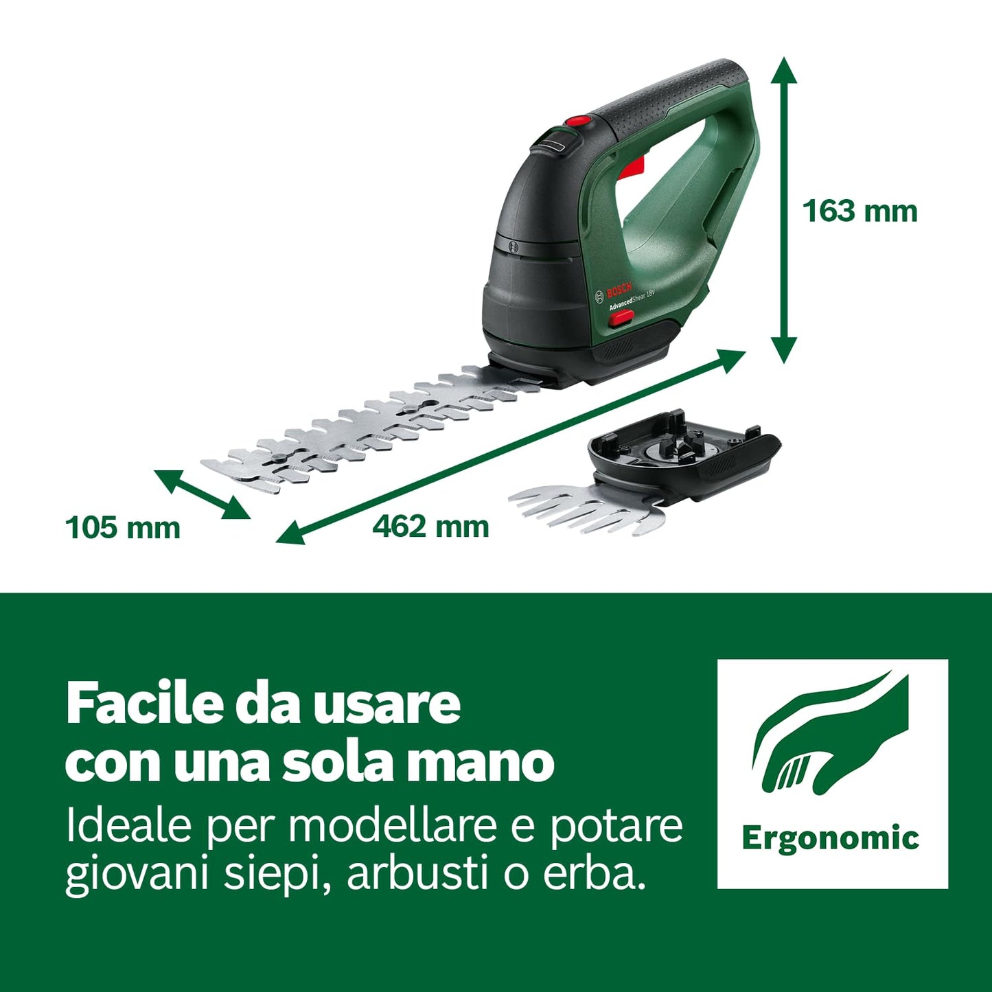 Bosch Home and Garden Cesoia per erba a batteria AdvancedShear 18V-10 (1 da 2,0 Ah, sistema 18 Volt, fino 85 m² di taglio, con lame rifilasiepi e erba, in confezione cartone)