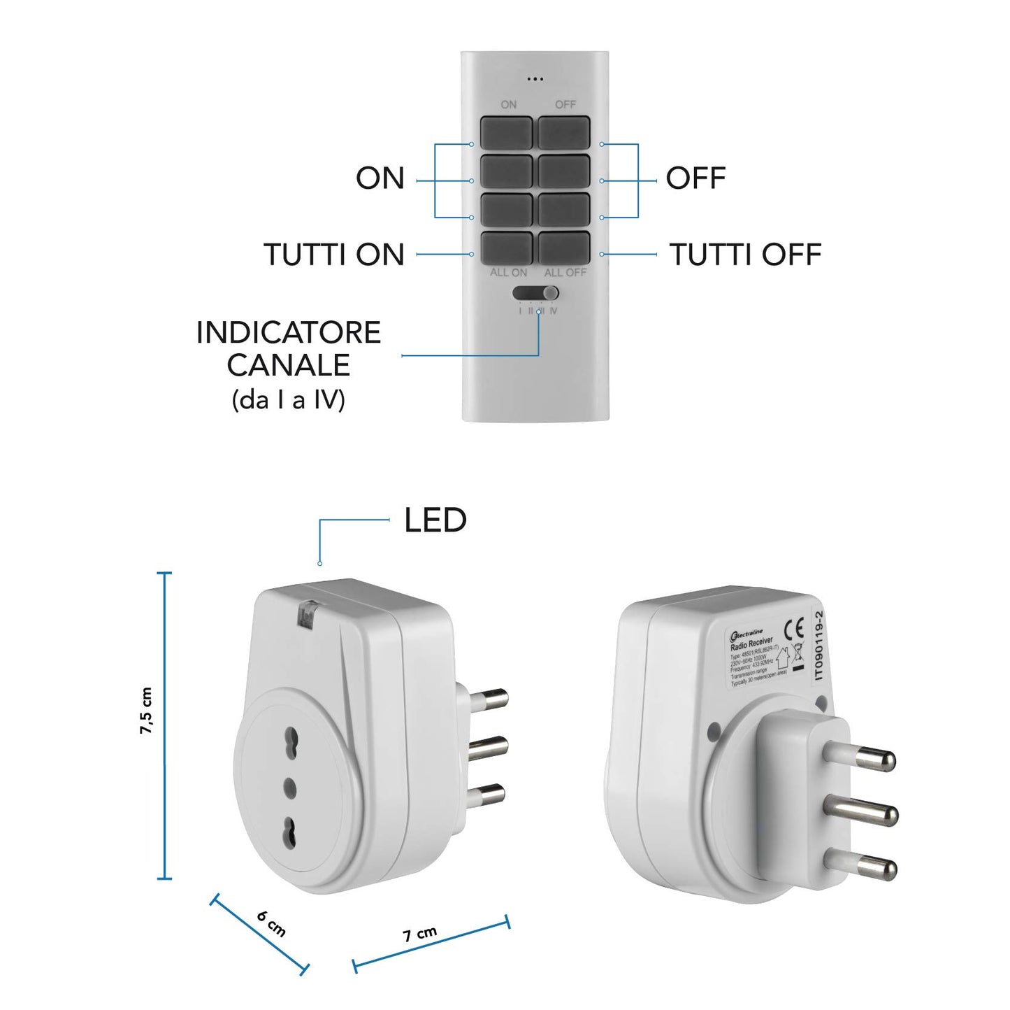 Electraline 48501 Presa Elettrica con Telecomando, Nero/Bianco, Taglia Unica