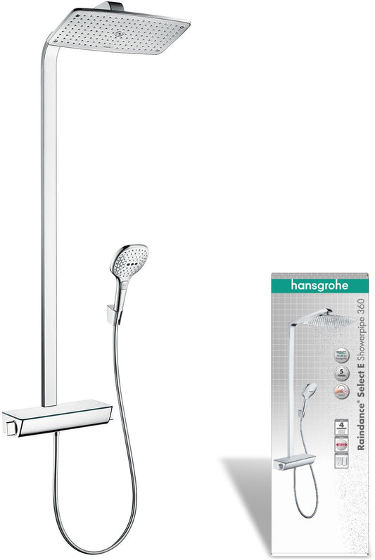 hansgrohe Raindance E - Colonna doccia con miscelatore termostatico, Sistema doccia (360 x 190 mm) con rubinetto, doccetta (3 getti), tubo, asta e soffione doccia quadrato, cromo, 27112000