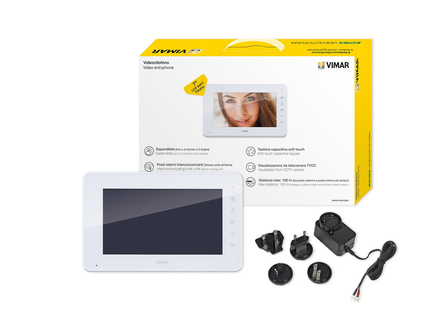 Vimar K42912 Monitor supplementare vivavoce a colori LCD 7" con tastiera capacitiva per kit videocitofono, 1 alimentatore con spine standard EU, UK, USA, AUS, staffe per fissaggio