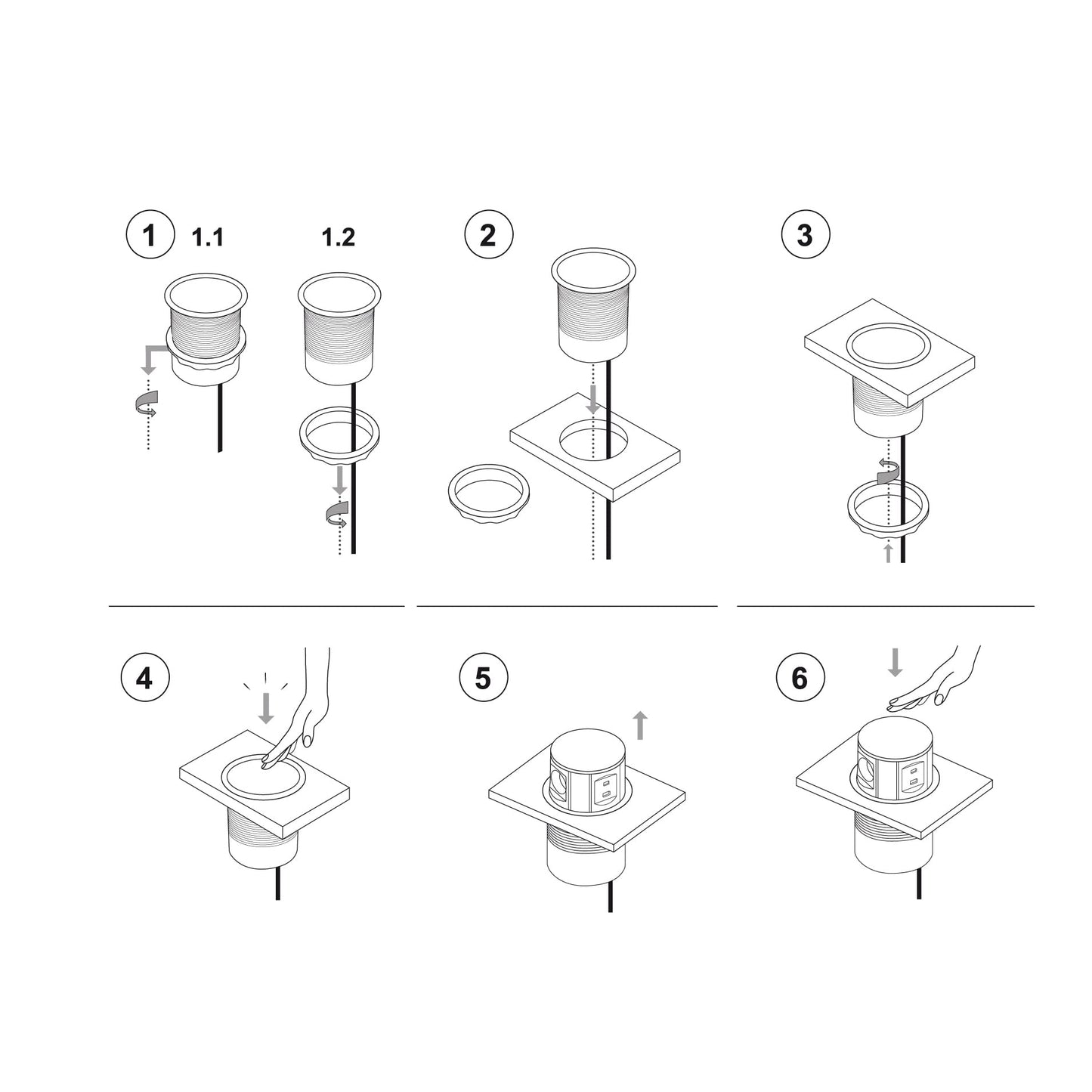 Electraline 62571 Presa multipla retrattile/da tavolo/ a 3 vie (2 USB 3.1A: 1 tipo A+1 tipo C 15,5 W, cavo da 2 m), integrata per presa multipla da piano di lavoro, D 120 mm