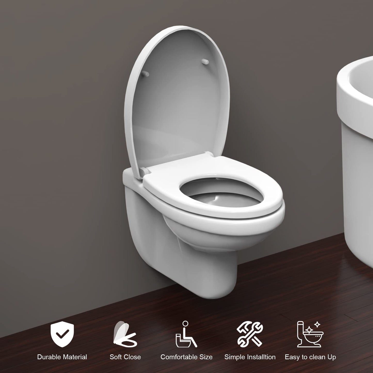 Ibergrif M41002 Sedile WC, Copriwater Universali O Forma,Tavoletta WC Chiusura Ammortizzata, Rapido Montaggio,Plastica Antibatterico Facile da Pulire, Bianco(458 x 370 x 50 mm)