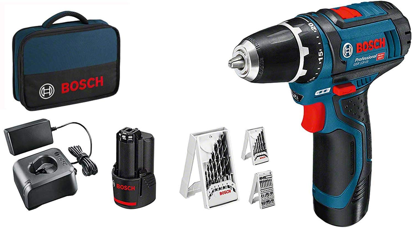 Bosch Professional Sistema 12V Trapano Avvitatore GSR 12V-15, Incl. Batteria 2x2.0 + Caricabatterie, Set Accessori 39 Pz., In Borsa, Amazon Exclusive Set