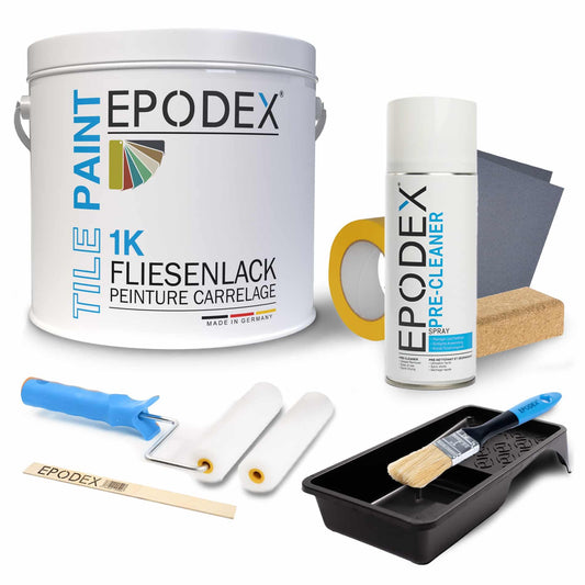 EPODEX® 1K TILE PAINT | Vernice per piastrelle | Vernice per piastrelle da parete e soffitto | + set di accessori | 45 colori bianco colorato | inodore senza solventi antiabrasione | sconto quantità