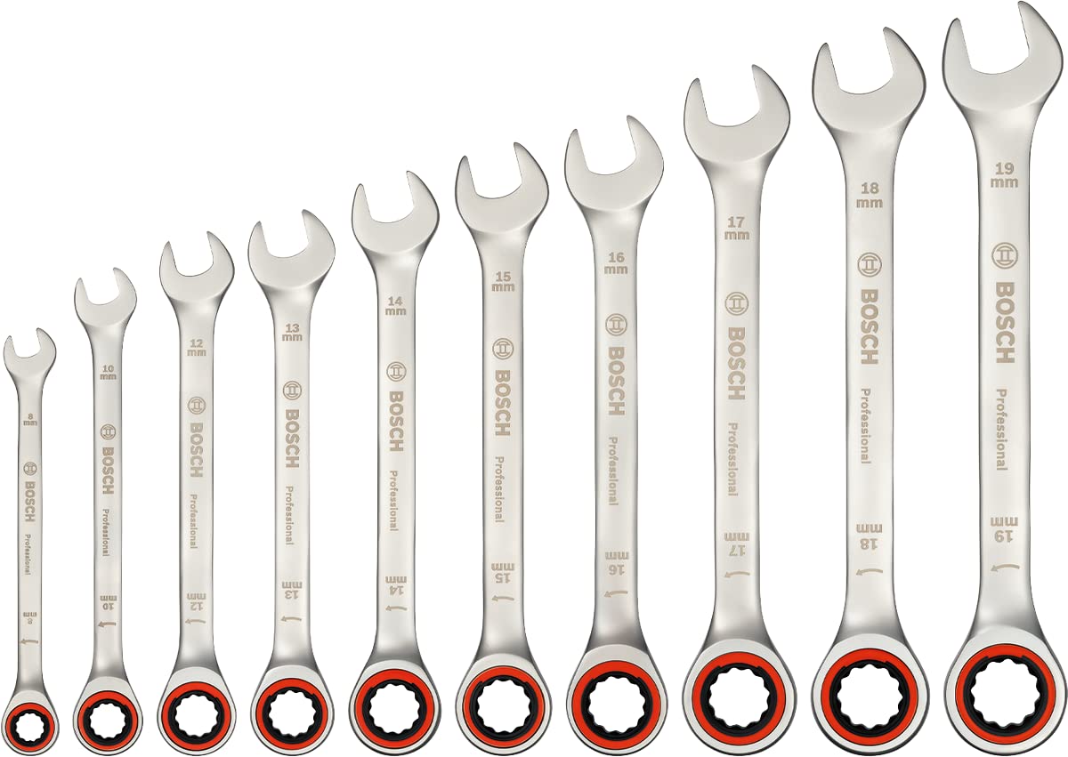 Bosch Professional Set di Chiavi a Cricchetto da 10 Pezzi (Misure Incluse 8, 10, 12, 13, 14, 15, 16, 17, 18 e 19 Mm)