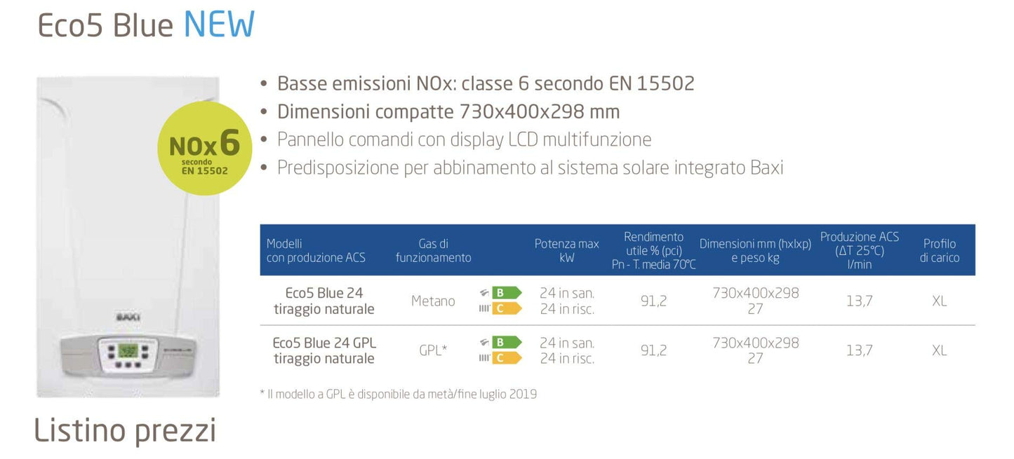 Caldaia a camera aperta Baxi Eco5 Blue 24 kW ErP a gas metano