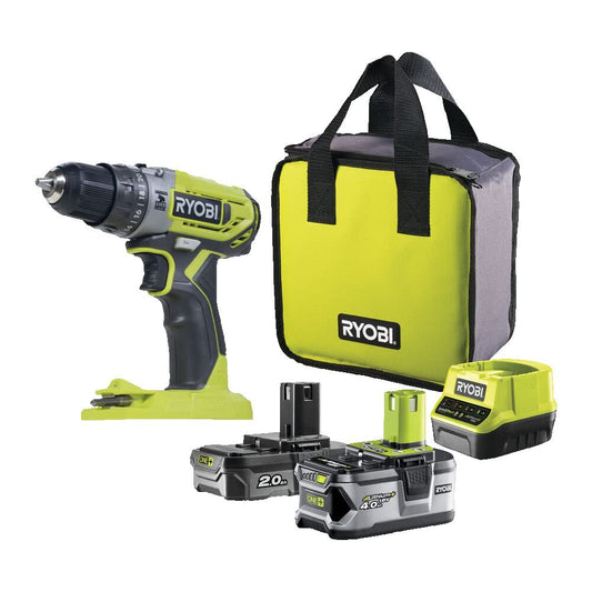 Ryobi R18PD2-242S Trapano Avvitatore a Percussione a Batteria 18V ONE+, Include Una Batteria 2.0Ah e Una Batteria 4.0Ah, 2 Velocità, 24 Regolazioni di Frizione, Luce LED