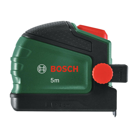 Bosch Metro a nastro da 5 m con clip per matita (blocco automatico, nastro rivestito in nylon, larghezza nastro 22 mm, distanza di 2 m, scala metrica, gancio bidirezionale, clip per cintura)