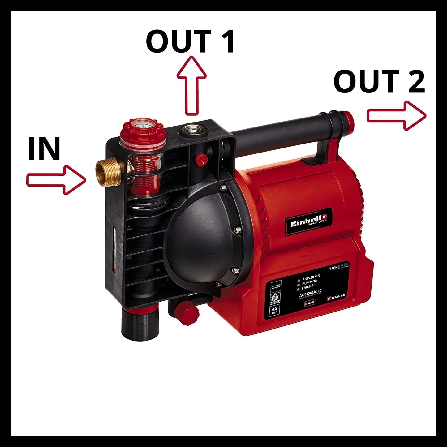 Einhell Pompa di irrigazione automatica GE-AW 1042 FS (1.050 W, indicatori del livello acqua/sporcizia/di aspirazione, protezione sottovuoto, protezione bruciatura/termica), rosso/nero