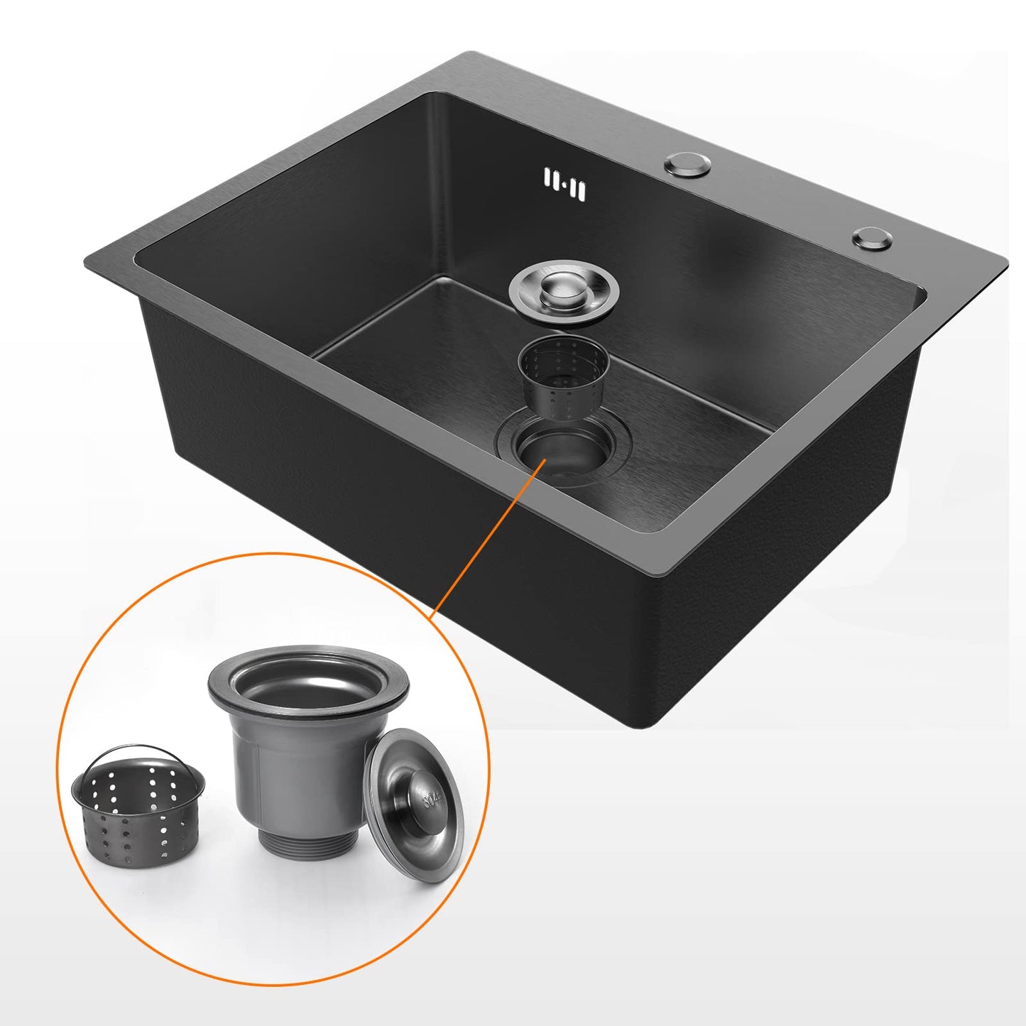 Ibergrif Lavello da cucina a ciotola singola in acciaio inox fatto a mano con 2 fori,lavello residenziale in acciaio inossidabile 304 con kit di scarico e filtro a cestello,55x45x19cm Nero