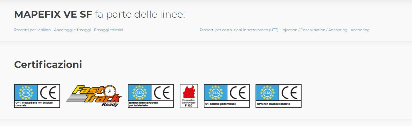 Mapefix VE SF da 300 ml - Fissaggio chimico a base di resina vinilestere ibrida senza stirene per carichi strutturali. Certificato per barre filettate, ferri di ripresa, carichi sismici C1.