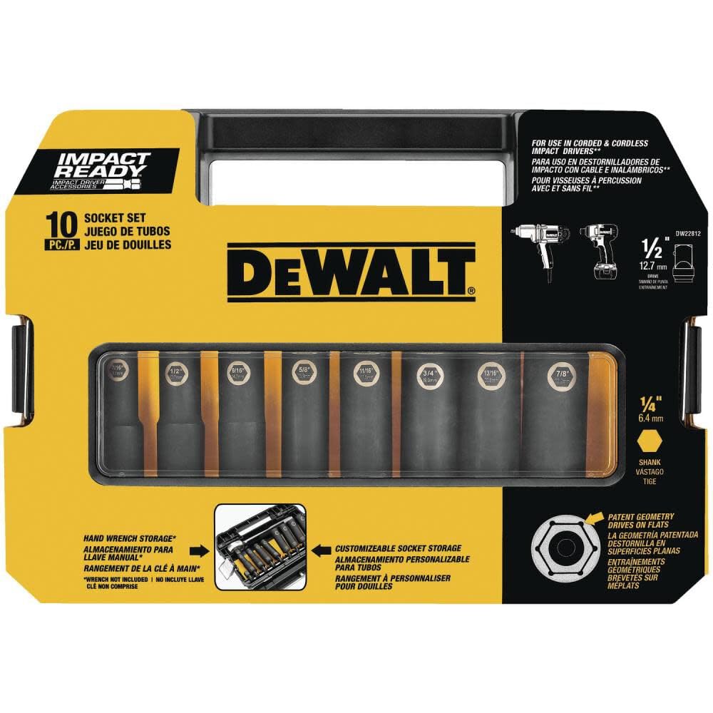 DeWalt DW22812 1/5,1 cm 10-piece Impact Ready socket set