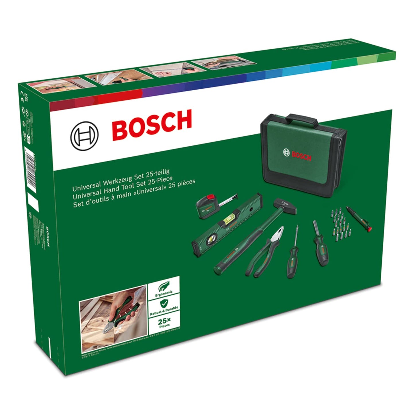 Bosch Home and Garden - Set di utensili manuali universali, 25 pezzi (kit di attrezzi versatile per uso generico fai da te in tutta la casa; pinze combinate; metro a nastro; livella a bolla, martello