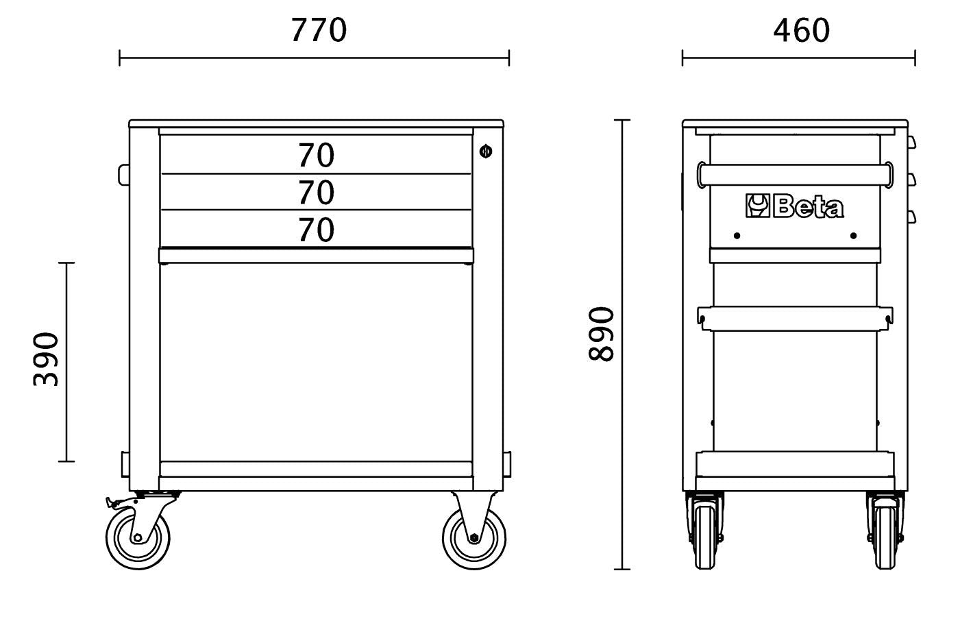 BETA C50S-G Carrello di Servizio con 3 Cassetti, Portautensili con Ruote da 125 mm (Una con Freno), 3 Cassetti con Guida Telescopica a Sfera e Serratura di Sicurezza Centralizzata, grigio