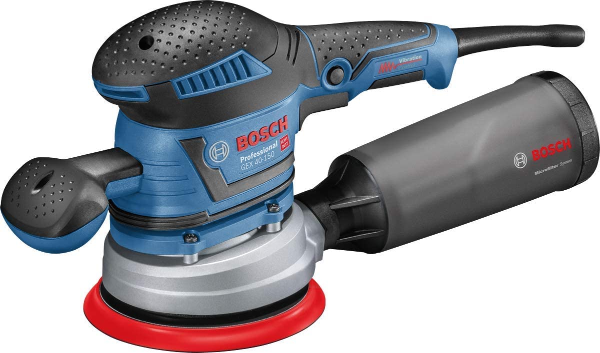 Bosch Professional Levigatrice rotorbitale GEX 40-150 (incl. impugnatura suppl., contenitore raccoglipolvere, ⌀ platorello 150 mm, foglio in rete abrasiva M480, adatt. per aspirazione, in L-BOXX)