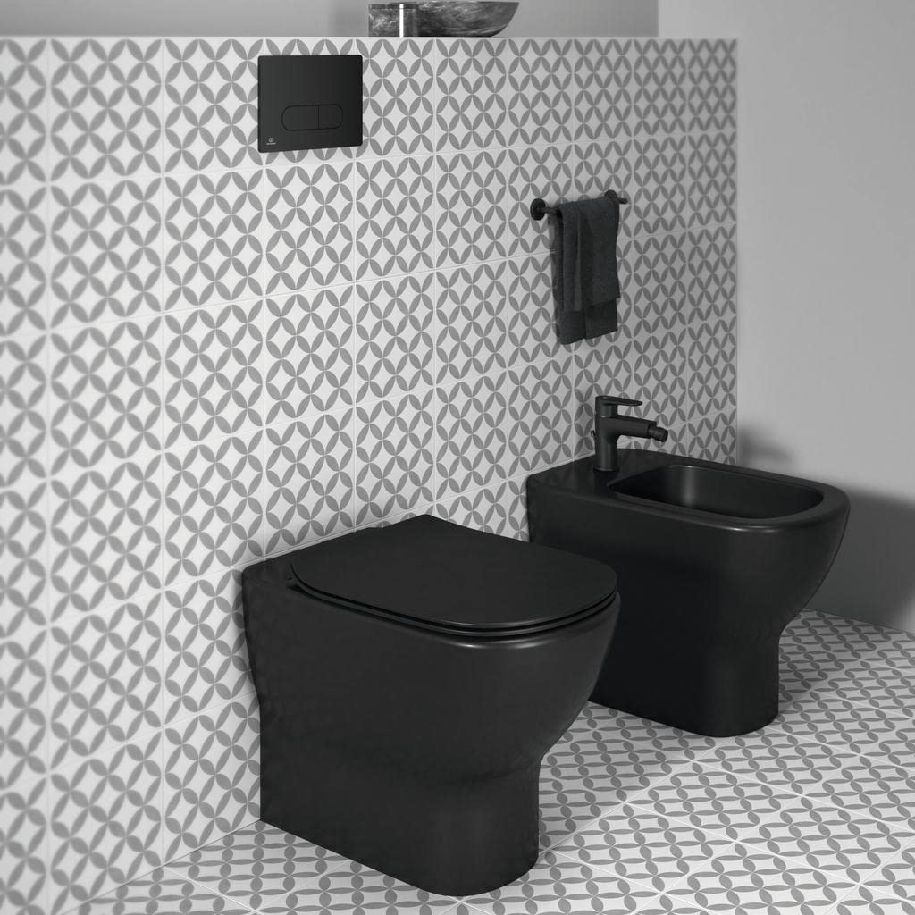 Ideal Standard - Tesi, WC a terra filo parete universale Aquablade, Copriwater sottile con chiusura rallentata, Nero seta