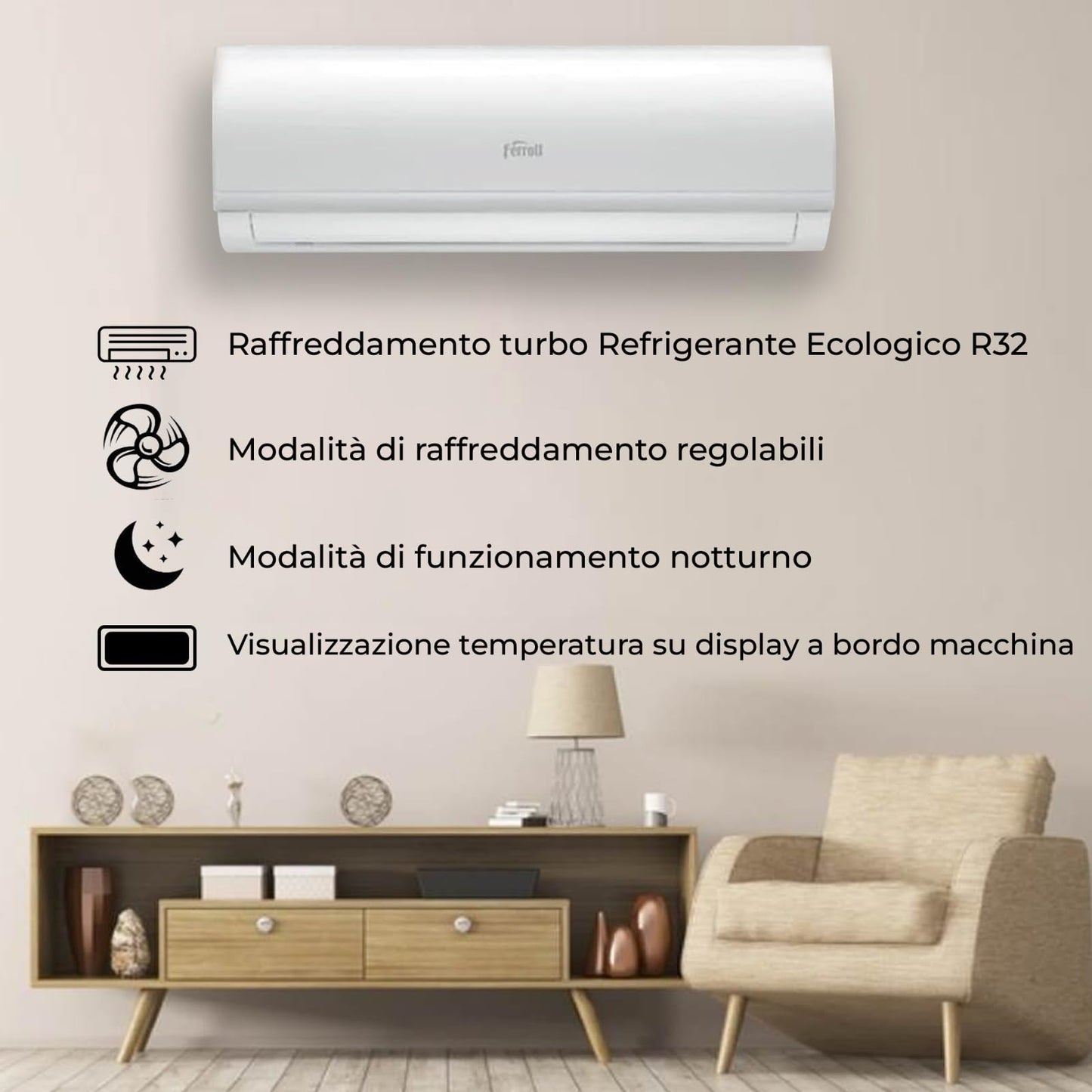 Condizionatore Monosplit Ferroli 9000 BTU AMBRA S Inverter con Unità Interna ed Esterna - Auto Pulizia e Telecomando con App - Pompa di Calore - R-32 Wi-Fi - Classe Energetica A++