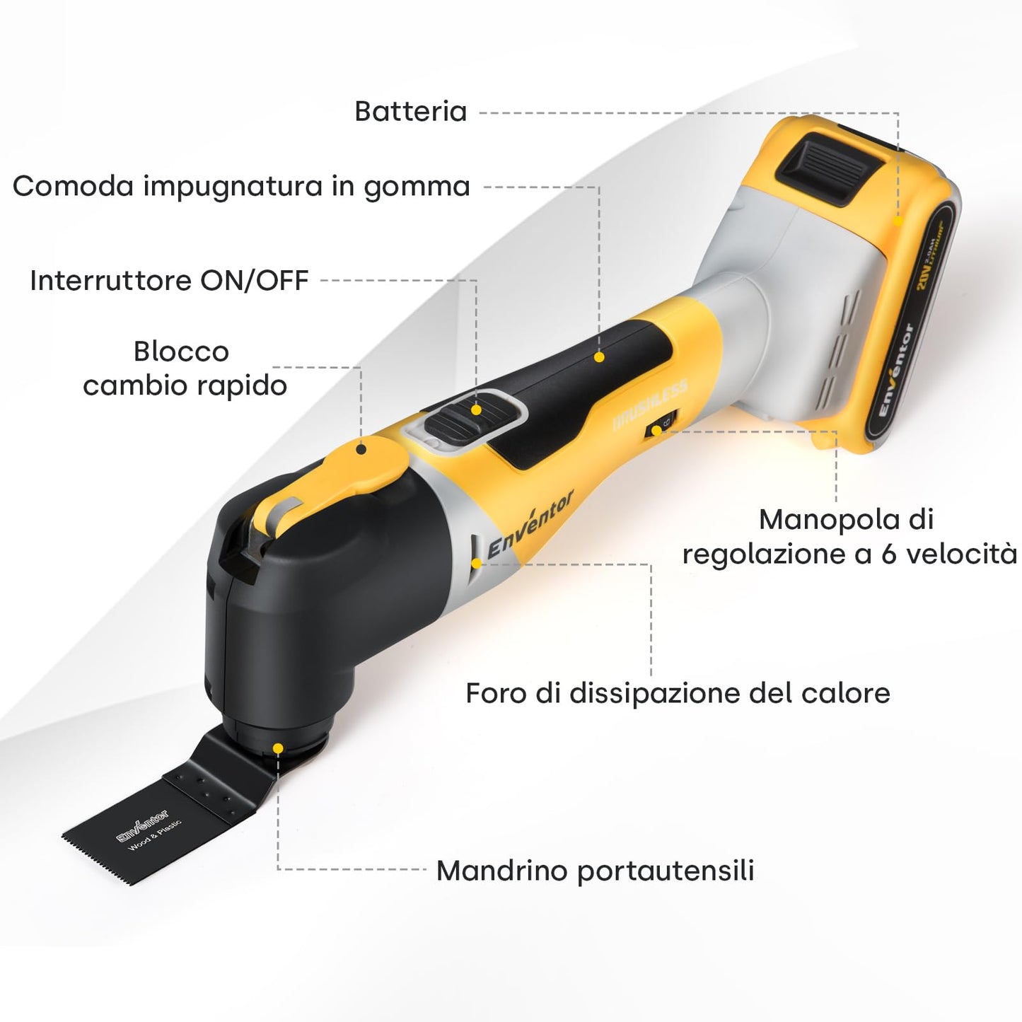 ENVENTOR Utensile Multifunzione Oscillante a Batteria da 20V Brushless, 12000-19500RPM, 6 Velocità Regolabili, 4° Angolo di Oscillazione, 28 Accessori, Per Raschiatura, Taglio, Lucidatura