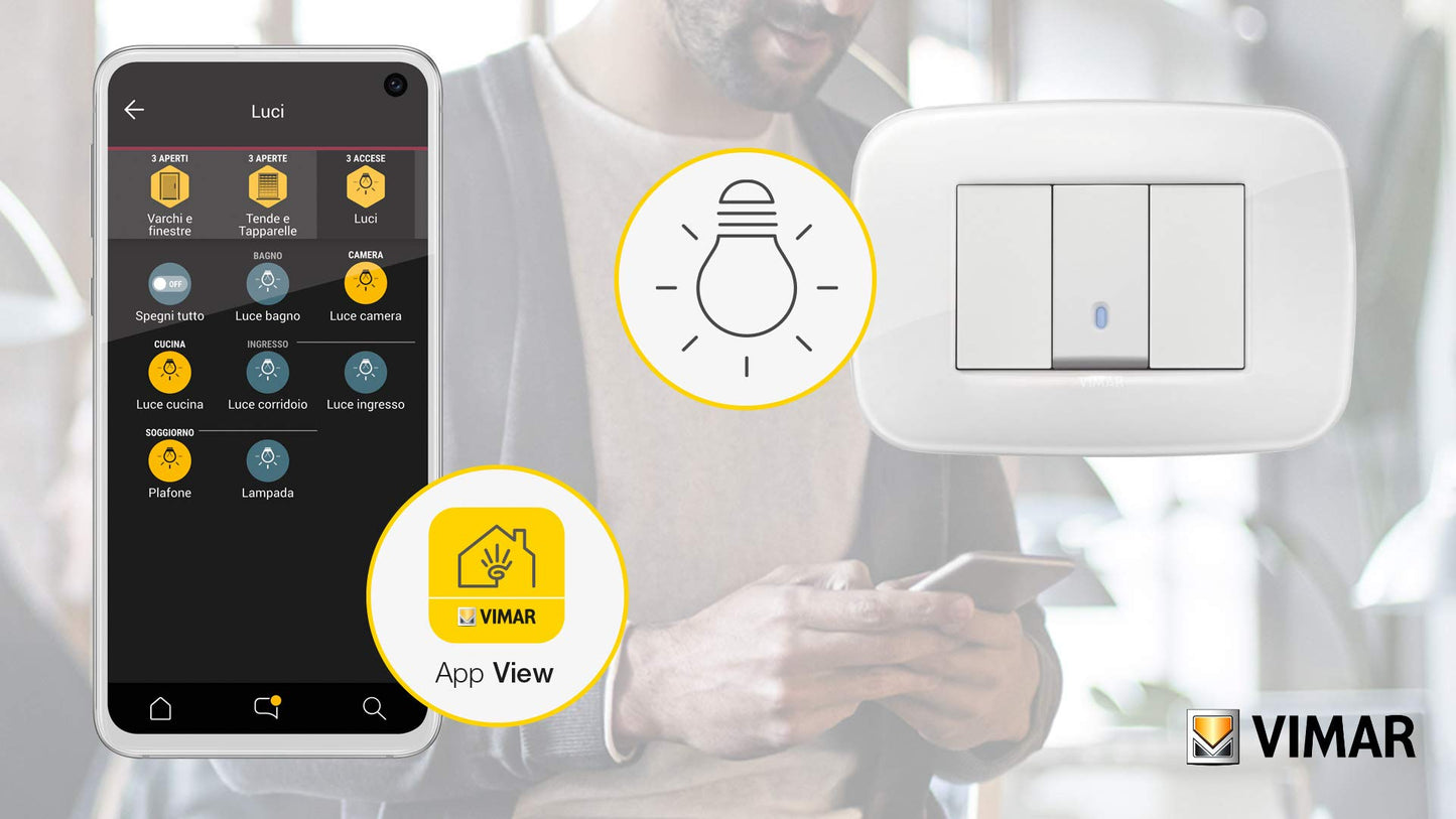 Vimar 19592.B Arké Deviatore connesso VIEW Wireless con uscita a relè, per lampade, trasformatori e controllo da remoto, doppia tecnologia Bluetooth 5.0 e Zigbee 3.0