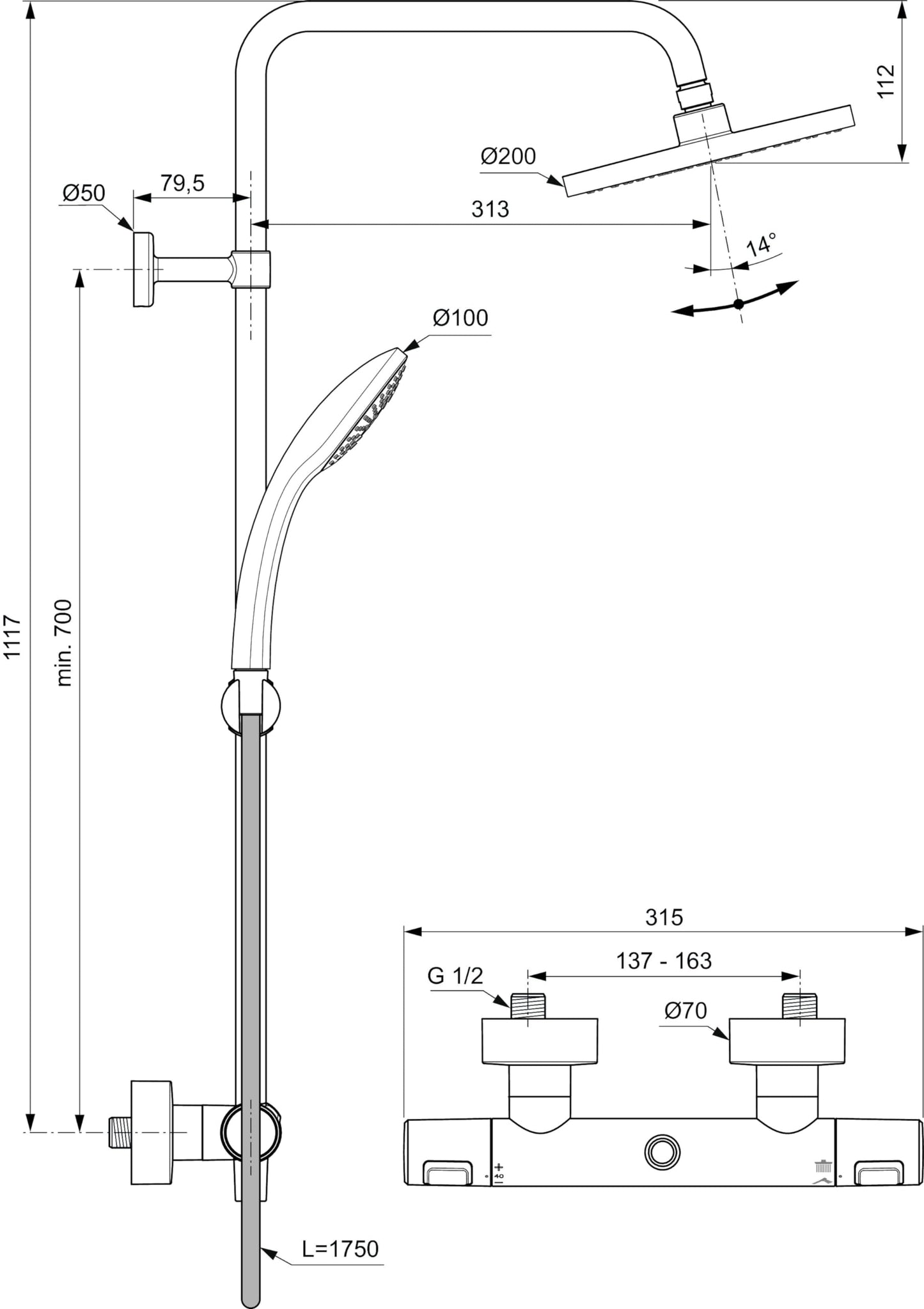 Ideal Standard - Ceratherm T25, Colonna doccia con miscelatore termostatico esterno, Nero Seta