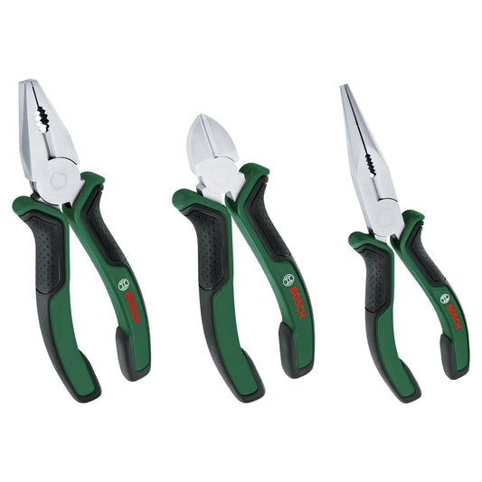 Bosch Set di Pinze 3 Pezzi, 3 Pinze Combinate, Taglierina Laterale Diagonale, Pinze Becco Lungo e di Lunga Durata, Multifunzione, Ergonomiche, Superficie Cromo-Nichel Opaca