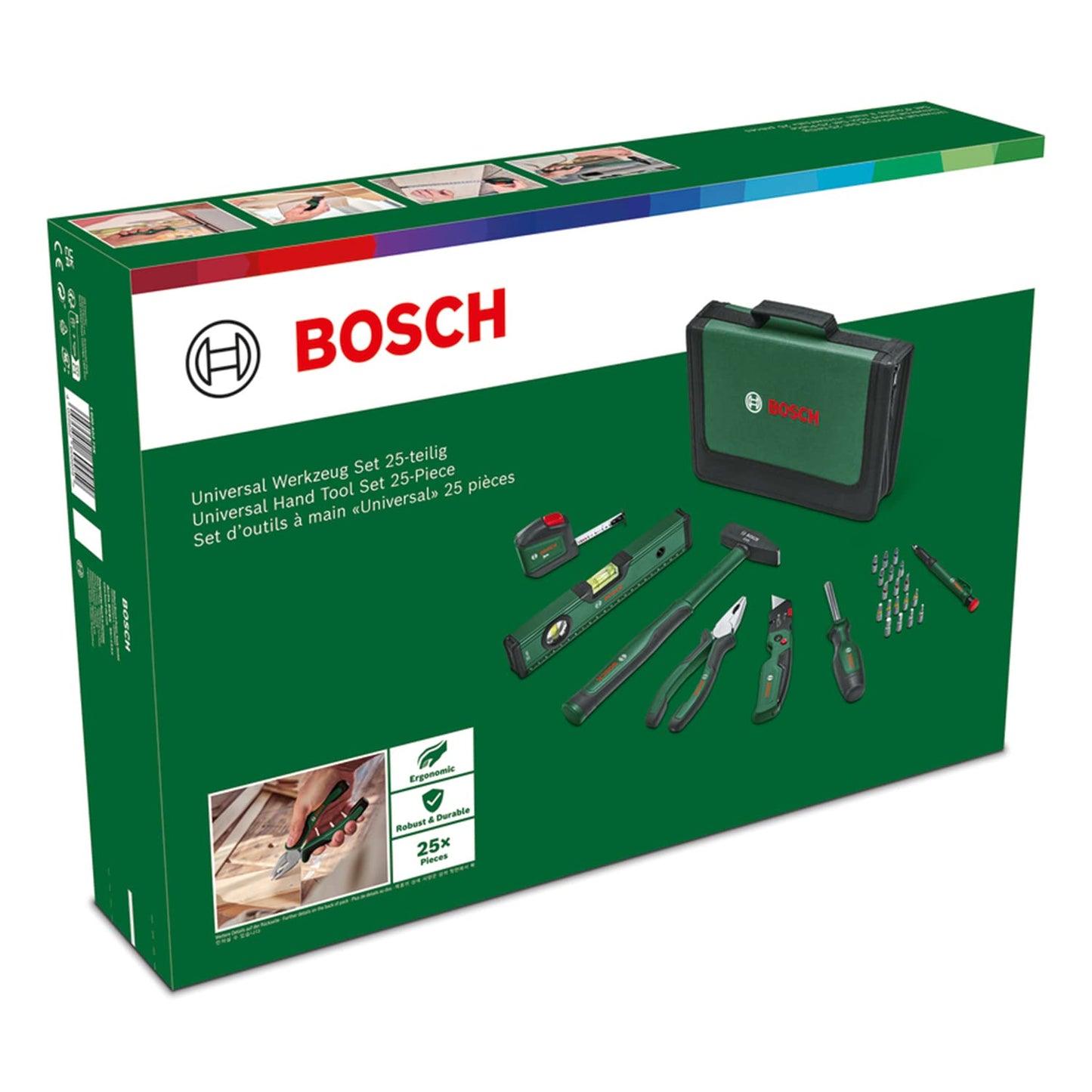 Bosch Set universale di utensili manuali 25 pezzi, versatile kit per usi fai-da-te in ambito domestico, coltello ripiegabile, pinze combinate, metro a nastro, livella a bolla e altro, Edizione Amazon