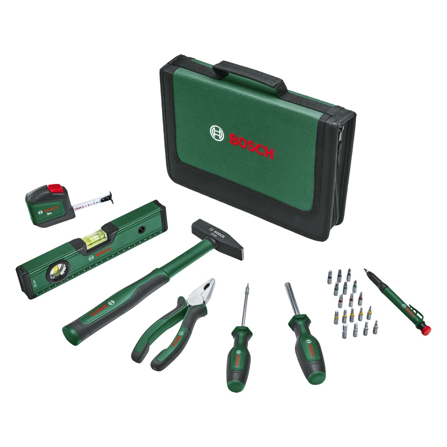 Bosch Home and Garden - Set di utensili manuali universali, 25 pezzi (kit di attrezzi versatile per uso generico fai da te in tutta la casa; pinze combinate; metro a nastro; livella a bolla, martello