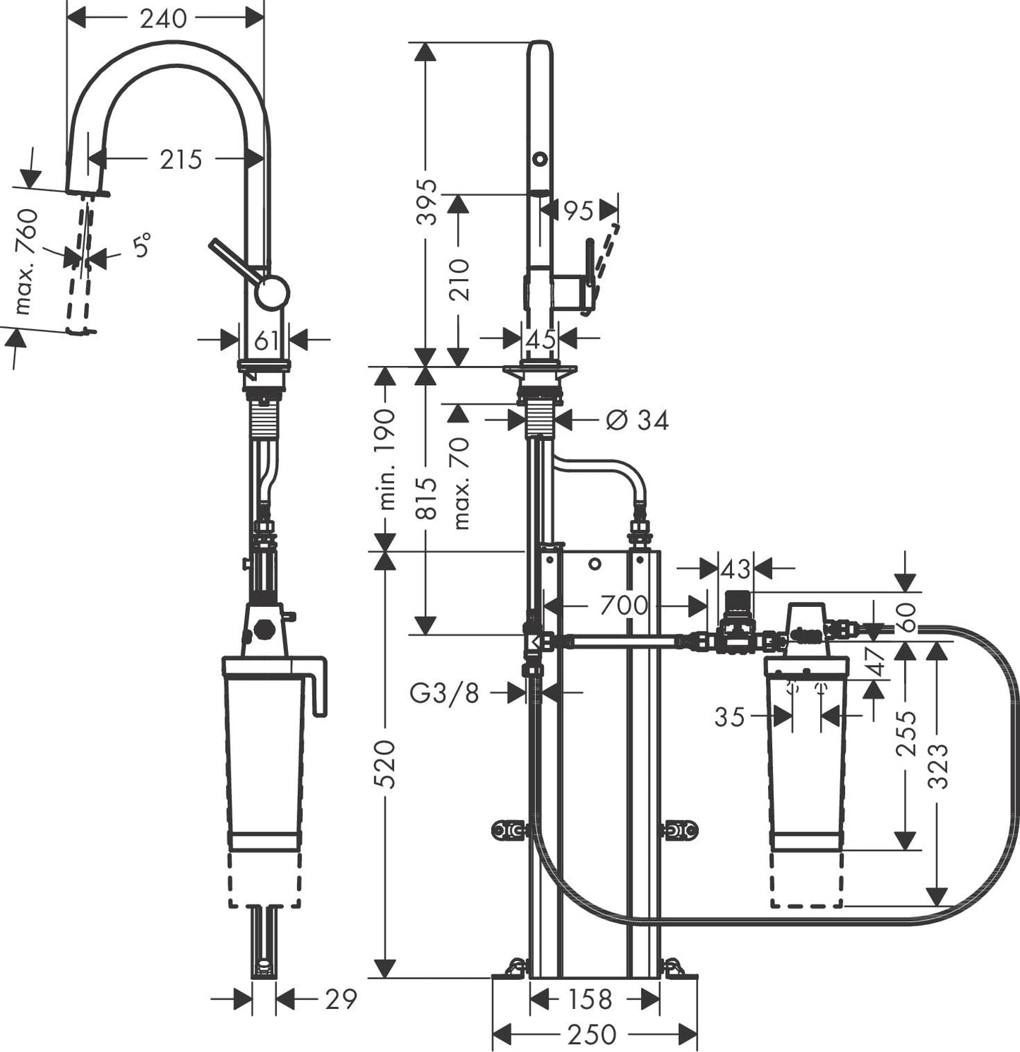 Miscelatore da cucina Hansgrohe Aqittura M91, set di partenza, sistema di filtraggio 210, estensibile fino a 76 cm, 1 getto, confezione, 76800, Colorazione: acciaio inossidabile spazzolato