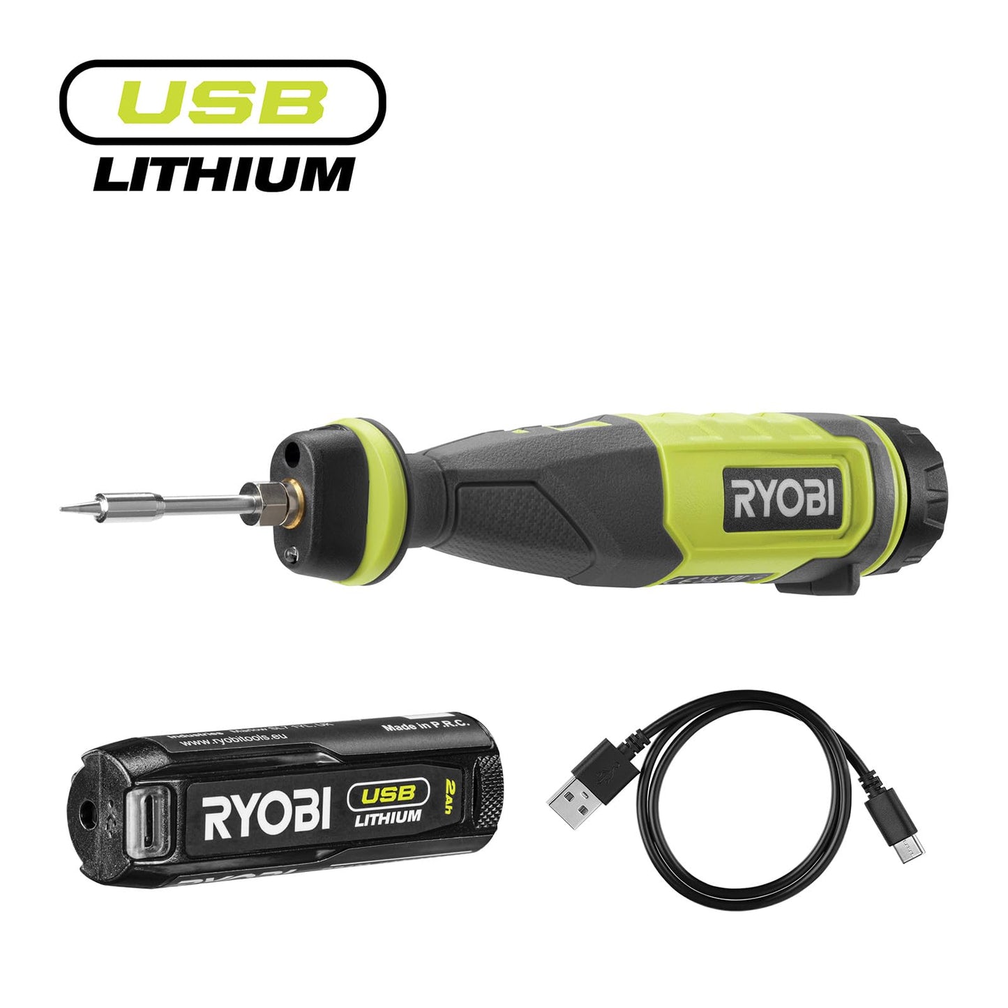 Ryobi RSI4-120G, Saldatore a Batteria Ricaricabile con USB-C, Temperatura Fino a 460 °C, Luce LED, Impugnatura Ergonomica, per Progetti di Hobbistica, 1 Batteria da 2,0Ah Inclusa