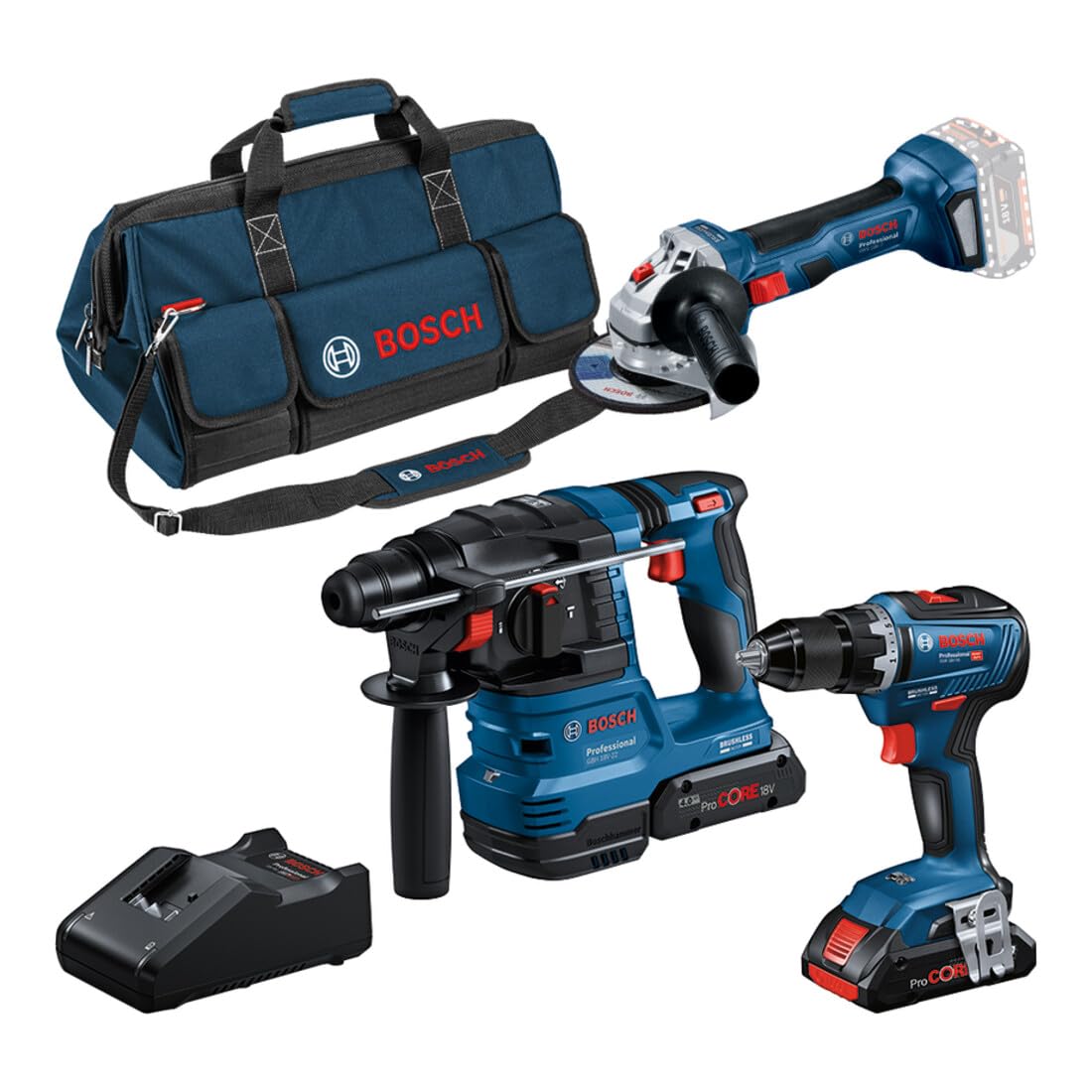 Bosch Professional Combo Kit GSR 18V-55 + GWS 18V-7 + GBH 18V-22 (incl. 2 batterie ProCORE 4.0Ah, caricabatteria GAL 18V-40, in borsa per gli attrezzi media)