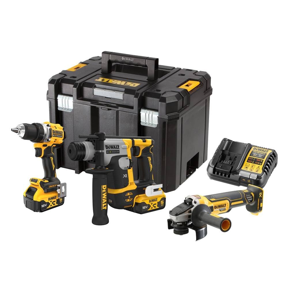 DeWalt Kit 3 strumenti XR 18 V 5 Ah brushless trapano avvitatore DCD800 + perforatore SDS Plus DCH172 + smerigliatrice angolare DCG405-DCK355P2T-QW