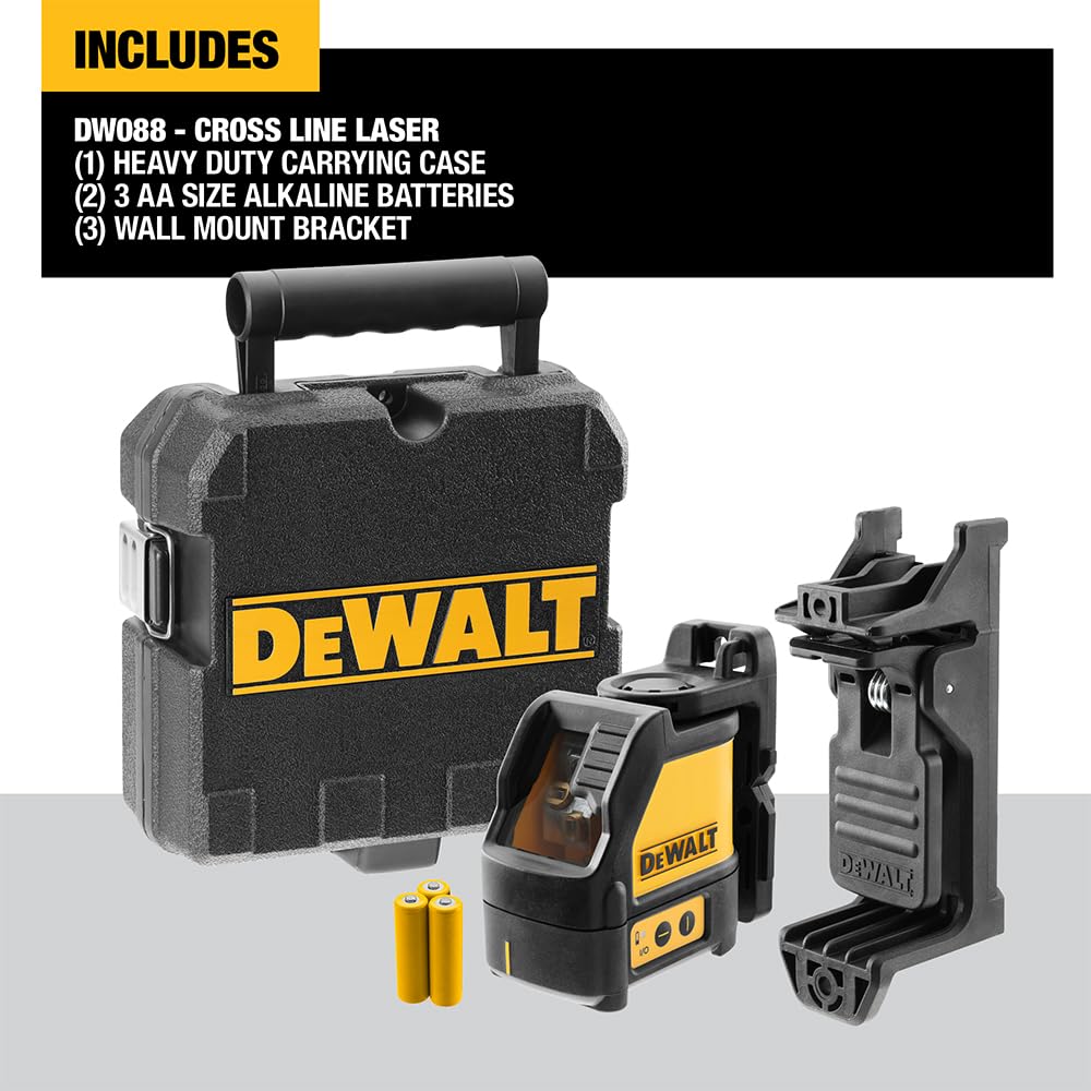 DEWALT DW088CG-XJ, Tracciatore laser con raggio verde, classe 2. 2 linee a croce orizzontale e verticale. Precisione +/- 3mm a 10 metri. Raggio di utilizzo 30 metri. 3 x alcaline tipo AA